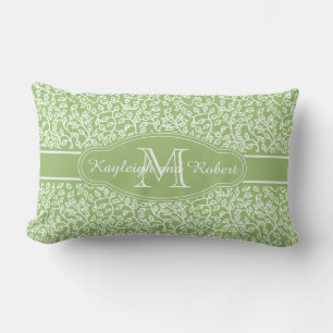 Monogram White Leafy Mönster på Apple Grönt Lumbarkudde