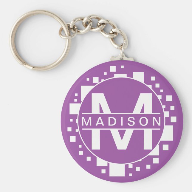 Monogram White Lila Initialer Art Squarcle Circle Nyckelring (Framsidan)
