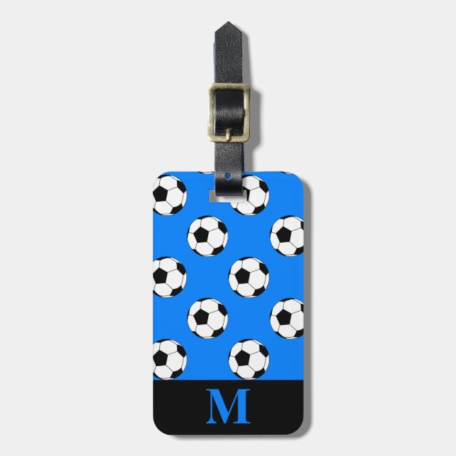 Monogram White Ocer Football Bollar, Azure Blue Bagagebricka (Vertikal Framsida)