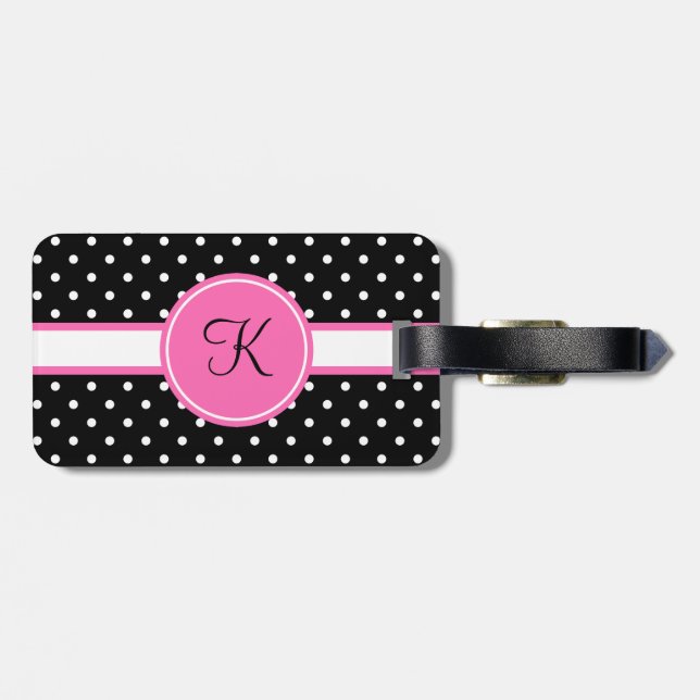 Monogram White och Black Polka Dot Mönster Bagagebricka (Baksida Vågrät)