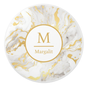 Monogram White och Guld Faux Marble Knopp