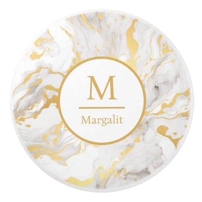 Monogram White och Guld Faux Marble Knopp (Framsidan)