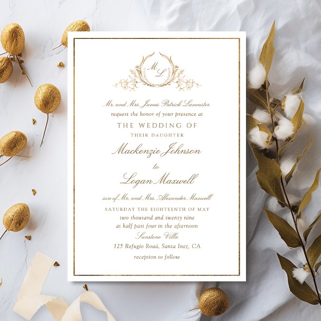 Monogram White och Guld Formal Elegant bröllop Inbjudningar (Skapare uppladdad)