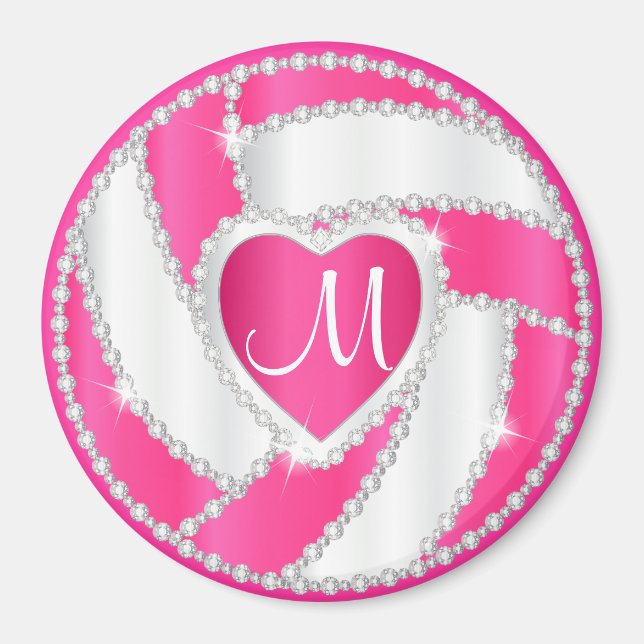 Monogram White och Shock rosa Diamond Volleyball Magnet (Framsidan)