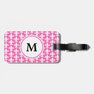 Monogram White och Shock rosa Fleur de Lis Mönster Bagagebricka