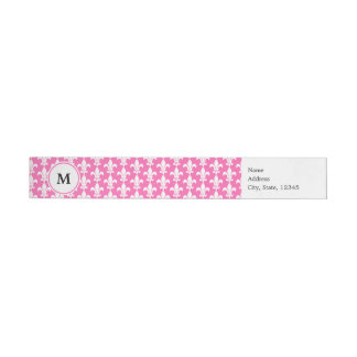 Monogram White och Shock rosa Fleur de Lis Mönster Etikettband
