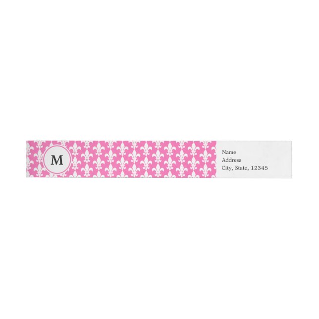 Monogram White och Shock rosa Fleur de Lis Mönster Etikettband (Individual)