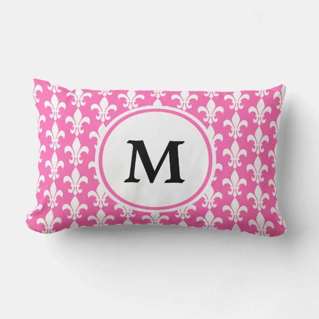 Monogram White och Shock rosa Fleur de Lis Mönster Lumbarkudde (Framsida)
