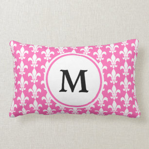 Monogram White och Shock rosa Fleur de Lis Mönster Lumbarkudde