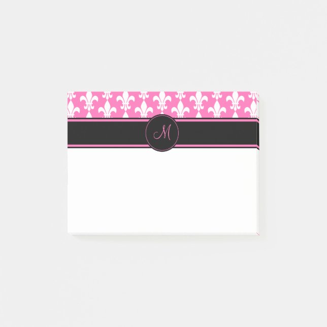 Monogram White och Shock rosa Fleur de Lis Mönster Post-it Block (Framsida)