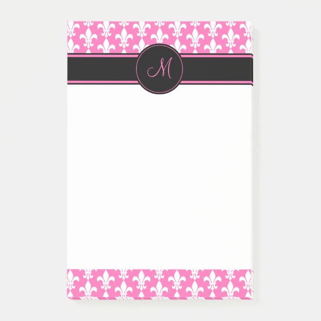 Monogram White och Shock rosa Fleur de Lis Mönster Post-it Block (Framsida)