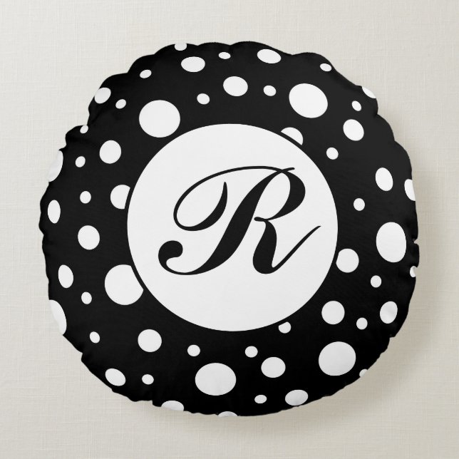 Monogram White på Black Polka Dot Mönster Rund Kudde (Framsidan)