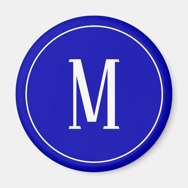 Monogram White på Royal Blue Round Magnet (Framsidan)