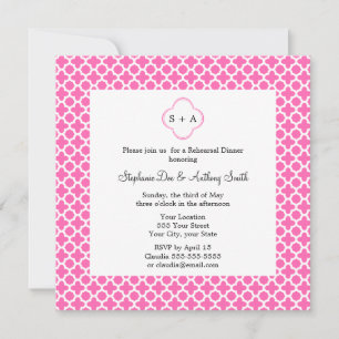 Monogram White på Shock rosa Quatrefoil Mönster Inbjudningar