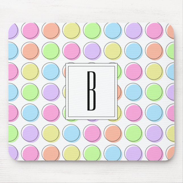 Monogram White Pastel Rainbow Polka Dot Mönster Musmatta (Framsidan)