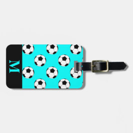 Monogram White Soccer Football Bollar, Aqua Blue Bagagebricka