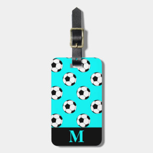Monogram White Soccer Football Bollar, Aqua Blue Bagagebricka