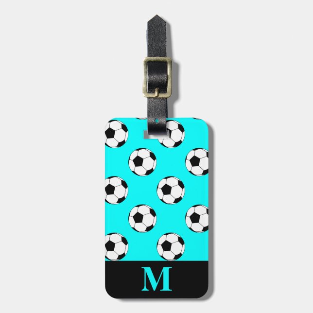 Monogram White Soccer Football Bollar, Aqua Blue Bagagebricka (Vertikal Framsida)