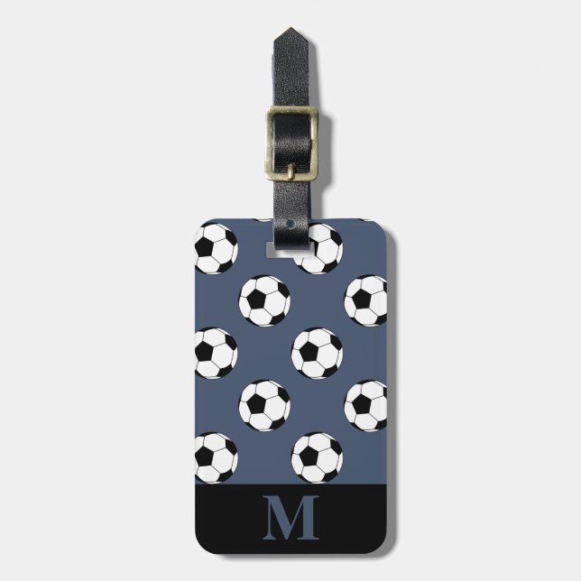 Monogram White Soccer Football Bollar, Blue Jeans Bagagebricka (Vertikal Framsida)