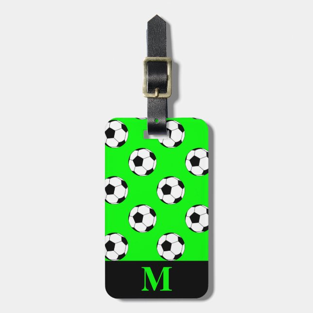 Monogram White Soccer Football Bollar, Lime Green Bagagebricka (Vertikal Framsida)