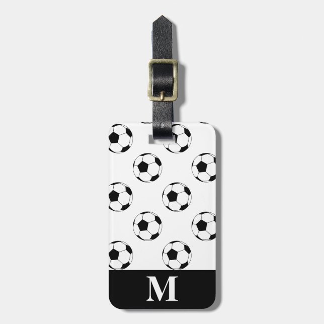 Monogram White Soccer Football Bollar, vit Bagagebricka (Vertikal Framsida)