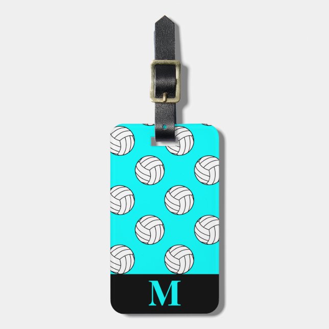 Monogram White Volleyball Bollar, Aqua Blue Bagagebricka (Vertikal Framsida)