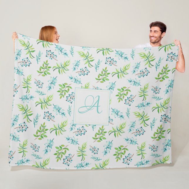Monogram WildblommBlue Grönt Bröllop Decor Fleecefilt (På plats)
