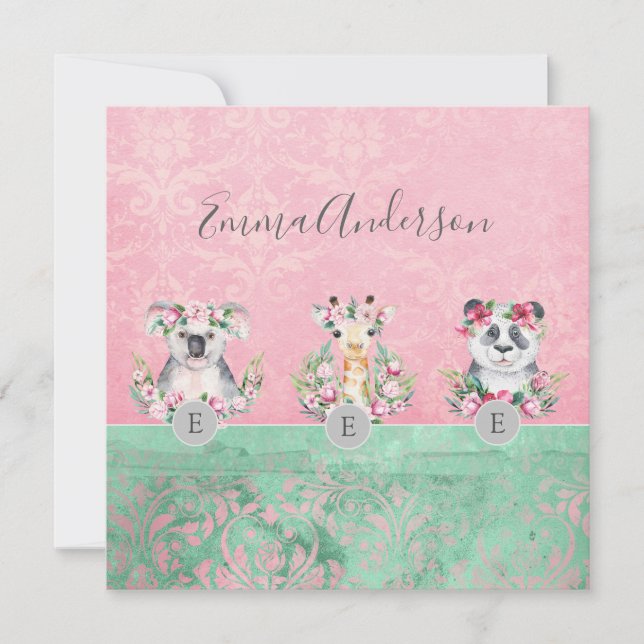 Monogram Wildlife Girls Boho Jungle Animals Söt Inbjudningar (Framsida)