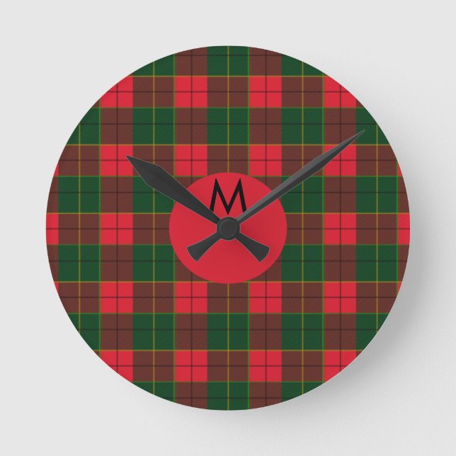 Monogram Winter Holiday Tartan pattern Scottish Rund Klocka (Framsida)