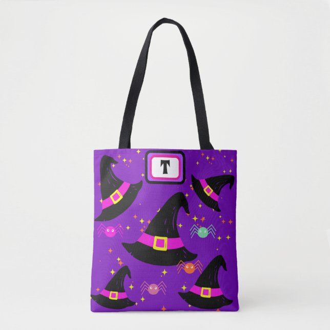 Monogram Witches Halloween Hats Lila Tote Bag Tygkasse (Framsida)