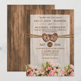 Monogram Wood Heartors med Rosa och Vit ros Inbjudningar