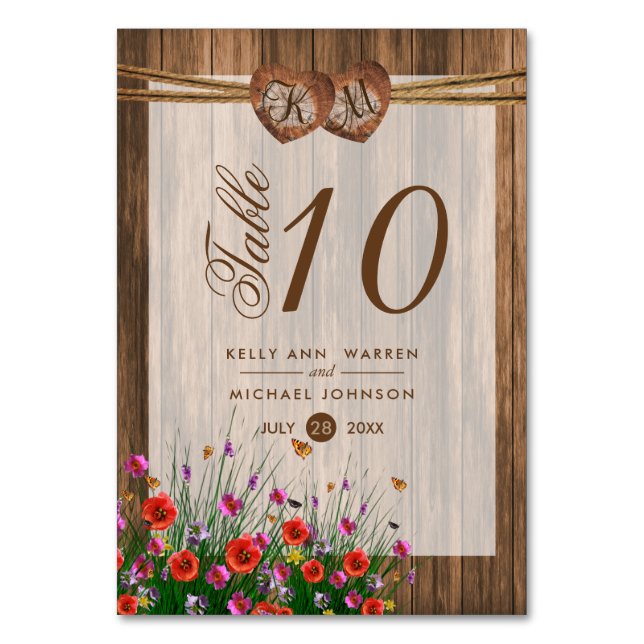 Monogram Wood Hearts med Wildblomma - Bord-kort Bordsnummer (Framsidan)