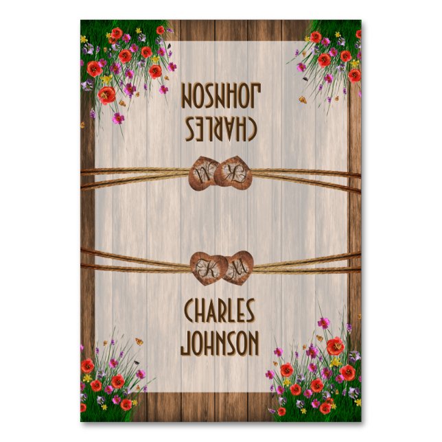 Monogram Wood Hearts med Wildblomma - Placera kort (Framsidan)