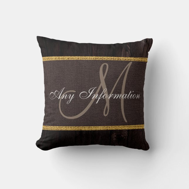 Monogram Wood look Brown Burlap Rustic Kudde (Framsida)