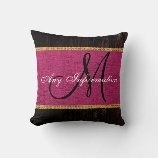 Monogram Wood look Maroon Burlap Rustic Kudde
