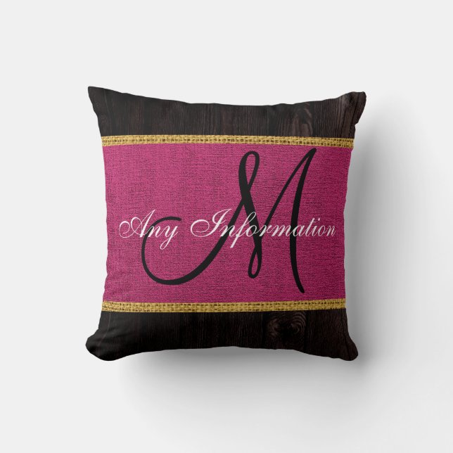 Monogram Wood look Maroon Burlap Rustic Kudde (Framsida)