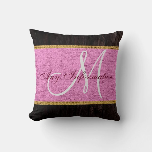 Monogram Wood look Rosa Burlap Rustic Kudde (Framsida)