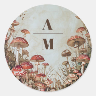 Monogram Woodland Fall Watercolor Mushroom Bröllop Runt Klistermärke