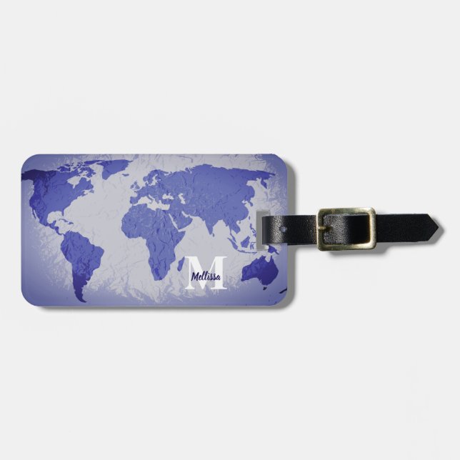 Monogram World Map Blue Artsy Name Gift Favor Bagagebricka (Horisontell Framsida)