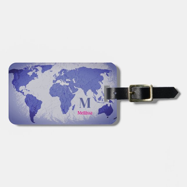 Monogram World Map Blue Pink Name Gift Favor Bagagebricka (Horisontell Framsida)