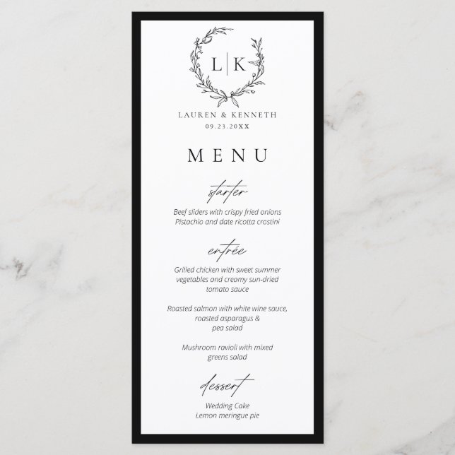Monogram Wreath Black | White Wedding Menu Card Meny (Framsida)