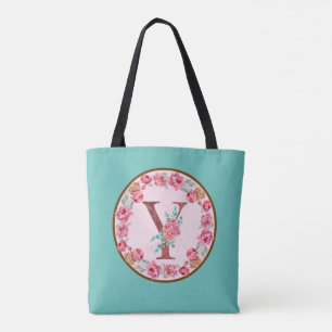 Monogram Y Brev med Peony Flower Image Tote Bag Tygkasse