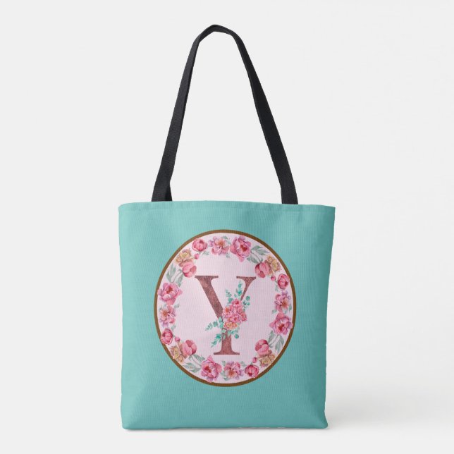 Monogram Y Brev med Peony Flower Image Tote Bag Tygkasse (Baksida)