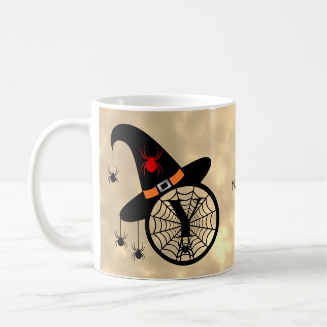 Monogram Y Halloween Himlar Witch Spiders Namn Kaffemugg (Vänster)
