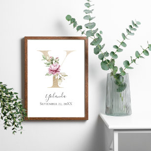 Monogram Y Rosa White Blommigt Guld Brev Nursery Poster
