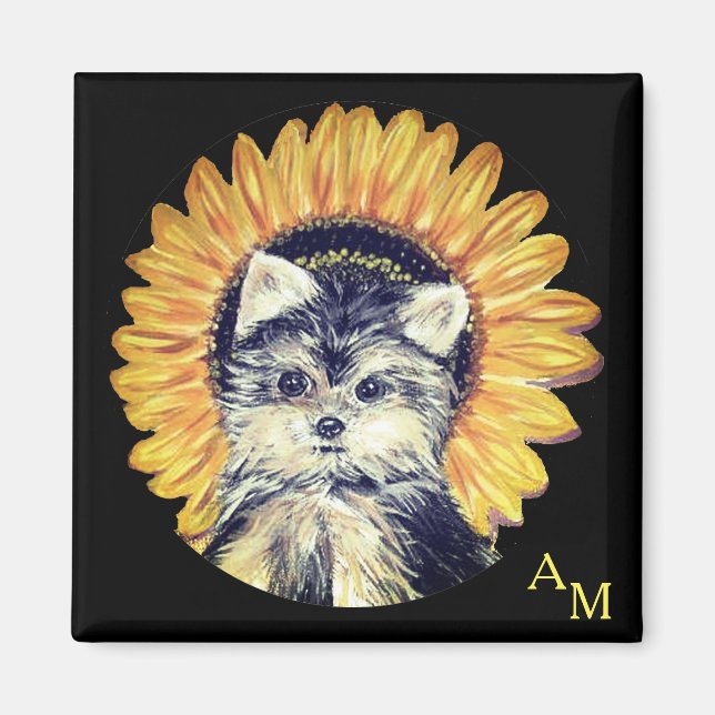 Monogram, Yorkshire Dog & Solros på Svart Magnet (Framsidan)