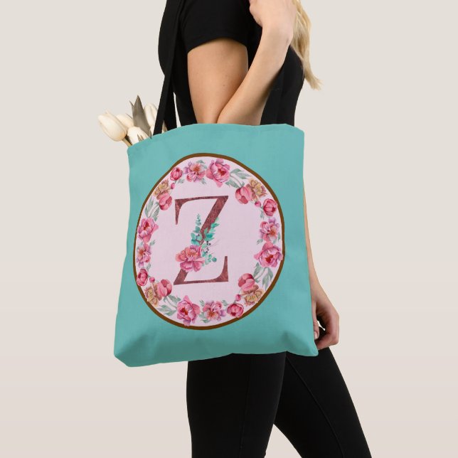 Monogram Z Brev med Peony Flower Image Tote Bag Tygkasse (Närbild)