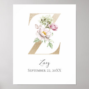 Monogram Z Rosa Vit Blommig Guld Bokstav Barnkamma Poster