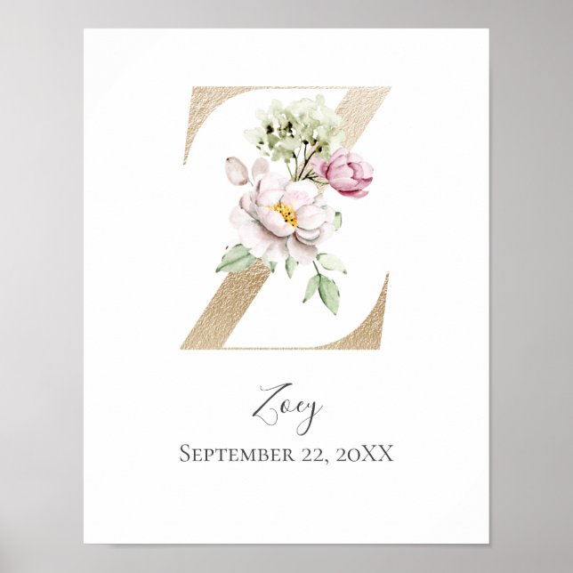 Monogram Z Rosa White Blommigt Guld Brev Nursery Poster (Framsidan)