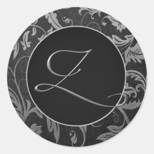 Monogram Z Silver och Black Damask Bröllopsil Runt Klistermärke